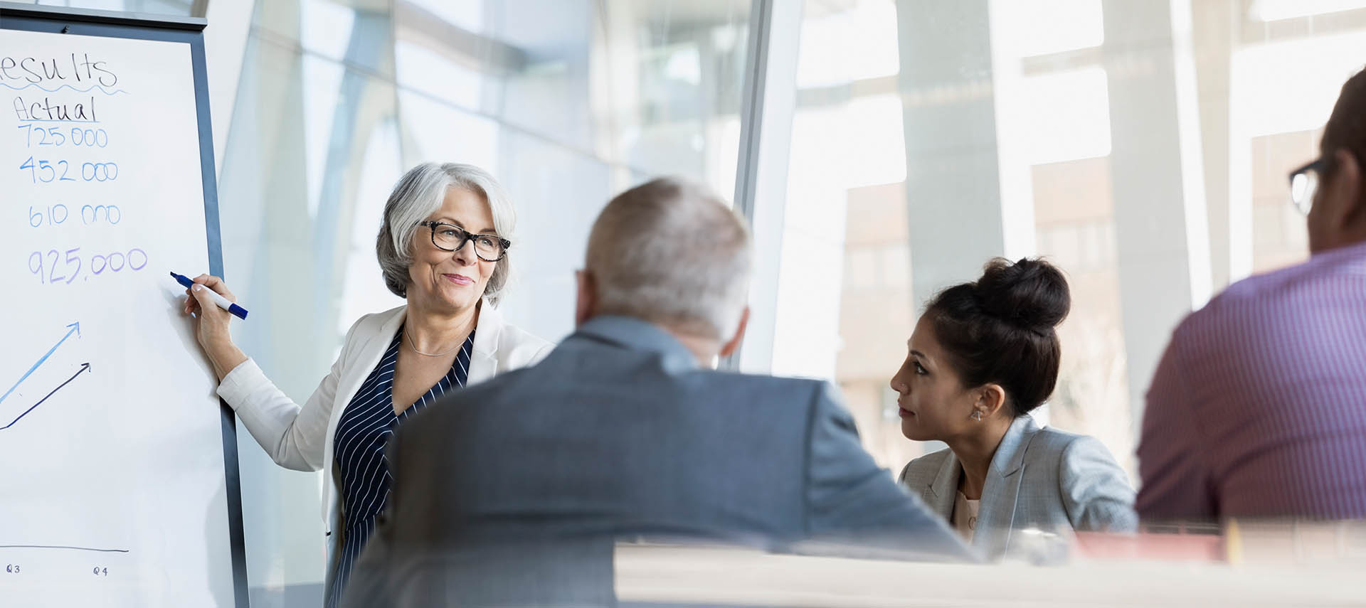Business woman leading meeting with 3 other colleagues.